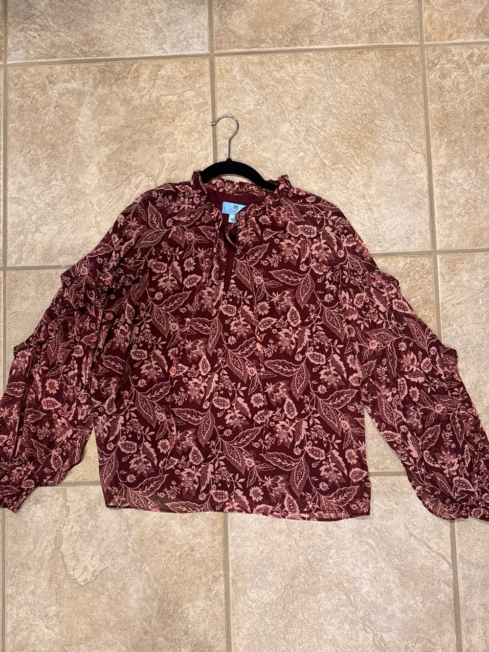 CeCe Women's Burgundy Floral Long-Sleeve Blouse